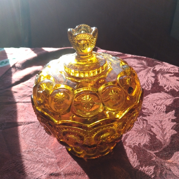 💥 Vintage L.E. Smith Moon & Stars Covered Amber Candy Dish 😯 - Picture 8 of 10